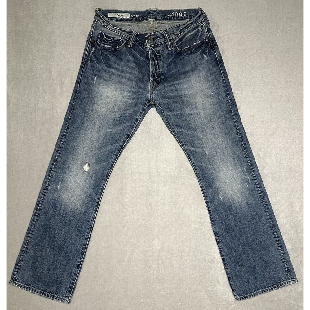Y2K Gap 1969 Men's 30x30 Blue Distressed Bootcut Denim Jeans Button Fly